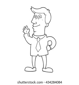 freehand drawn black and white cartoon waving man