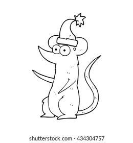 freehand drawn black and white cartoon mouse wearing christmas hat