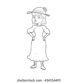 freehand drawn black and white cartoon woman in sensible dress