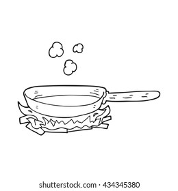 freehand drawn black and white cartoon frying pan on fire