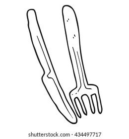 freehand drawn black and white cartoon knife and fork