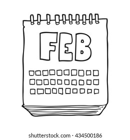 freehand drawn black and white cartoon calendar showing month of february