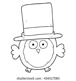 freehand drawn black and white cartoon owl wearing top hat