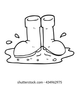 Freehand Drawn Black And White Cartoon Wellington Boots In Puddle