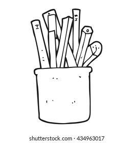 freehand drawn black and white cartoon desk pot of pencils and pens