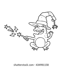 freehand drawn black and white cartoon toad casting spell