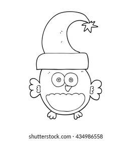 freehand drawn black and white cartoon little christmas owl