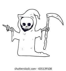 freehand drawn black and white cartoon death with scythe