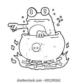 freehand drawn black and white cartoon halloween toad in cauldron