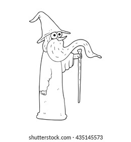 freehand drawn black and white cartoon wizard