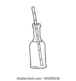 freehand drawn black and white cartoon soda bottle and straw