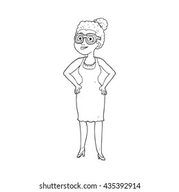 freehand drawn black and white cartoon woman wearing glasses