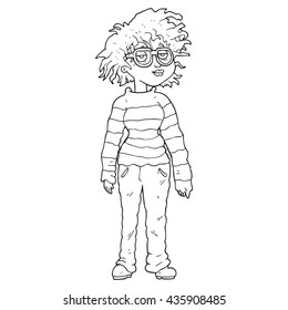 freehand drawn black and white cartoon geeky girl