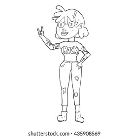 freehand drawn black and white cartoon alien rock fan girl