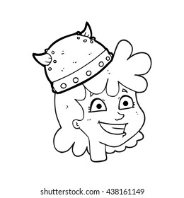 freehand drawn black and white cartoon female viking