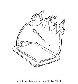 freehand drawn black and white cartoon clip board on fire