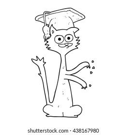 freehand drawn black and white cartoon cat scratching with graduation cap