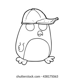 freehand drawn black and white cartoon bird in cap