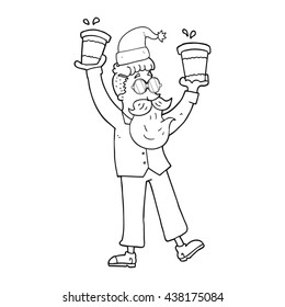 freehand drawn black and white cartoon man with coffee cups at christmas