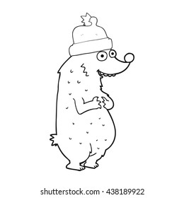freehand drawn black and white cartoon bear wearing christmas hat