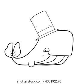 freehand drawn black and white cartoon whale in top hat