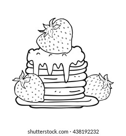 freehand drawn black and white cartoon pancake stack with strawberries