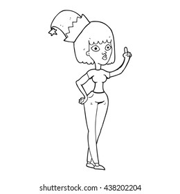 freehand drawn black and white cartoon woman wearing christmas hat