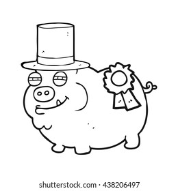 freehand drawn black and white cartoon prize winning pig