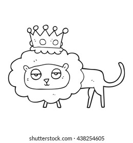 freehand drawn black and white cartoon lion with crown