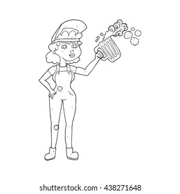 freehand drawn black and white cartoon hard working woman with beer 
