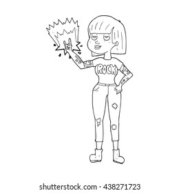 freehand drawn black and white cartoon rock girl
