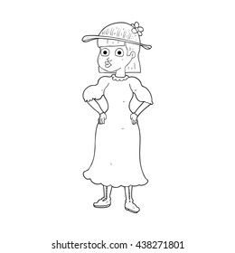 freehand drawn black and white cartoon woman in sensible dress