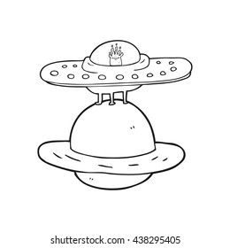 freehand drawn black and white cartoon flying saucer