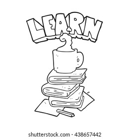 freehand drawn black and white cartoon books and coffee cup under Learn symbol