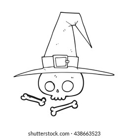 freehand drawn black and white cartoon witch hat with skull