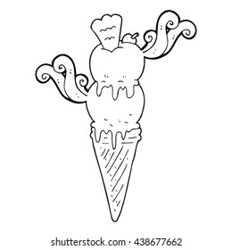 freehand drawn black and white cartoon ice cream cone