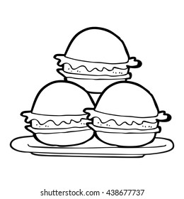 freehand drawn black and white cartoon plate of burgers