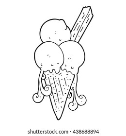 freehand drawn black and white cartoon ice cream cone