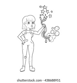 freehand drawn black and white cartoon female electrician