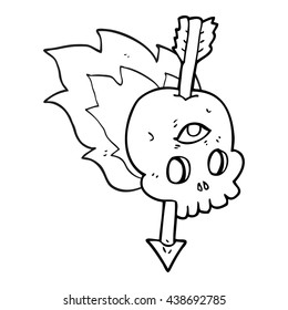 freehand drawn black and white cartoon magic skull with arrow through brain