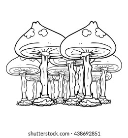 freehand drawn black and white cartoon mushrooms