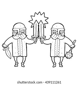 freehand drawn black and white cartoon viking warriors
