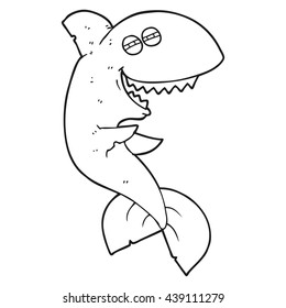 freehand drawn black and white cartoon laughing shark