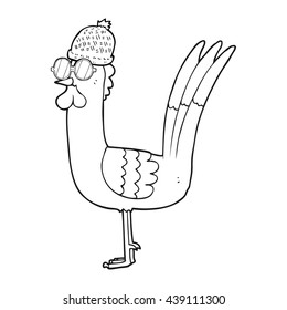 freehand drawn black and white cartoon chicken wearing spectacles and hat
