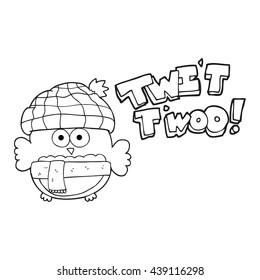 freehand drawn black and white cartoon cute owl saying twit twoo