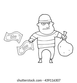 freehand drawn black and white cartoon bank robber