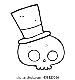 freehand drawn black and white cartoon skull wearing top hat