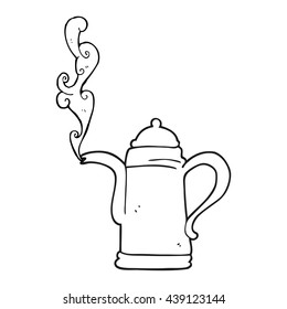 freehand drawn black and white cartoon steaming coffee kettle