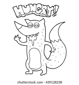 freehand drawn black and white cartoon hungry wolf