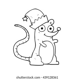 freehand drawn black and white cartoon mouse wearing christmas hat